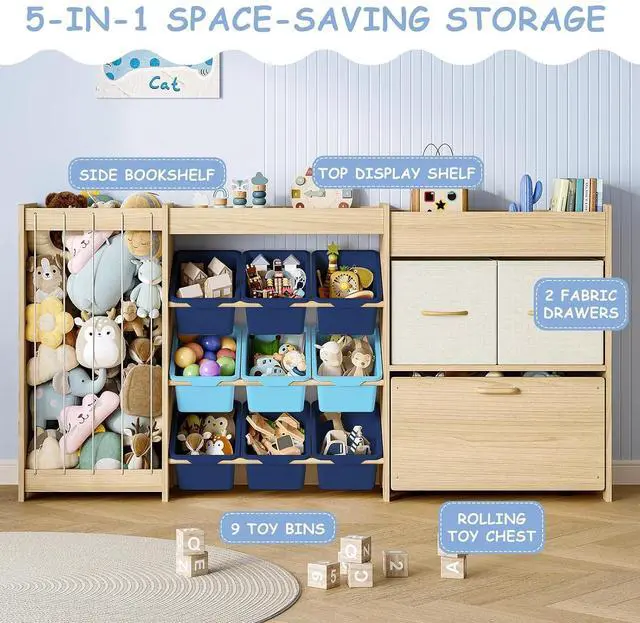 Alt view image 3 of 7 - 5-in-1 Toy Organizer, Plush Holder, 9 Blue Bins, Toy Chest