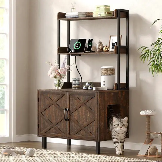 Main image of 55 Inch Cat Litter Box Enclosure with Storge Shelves, Brown