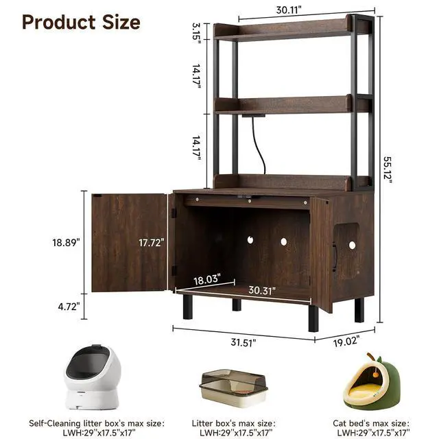 Alt view image 2 of 7 - 55 Inch Cat Litter Box Enclosure with Storge Shelves, Brown
