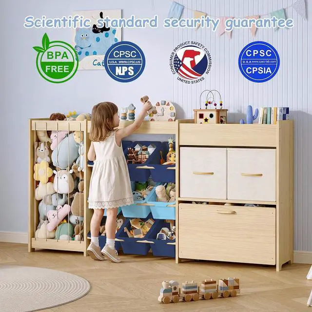 Alt view image 7 of 7 - 5-in-1 Toy Organizer, Plush Holder, 9 Blue Bins, Toy Chest
