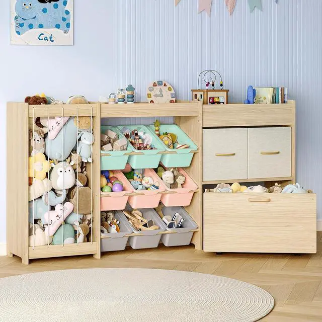 Main image of 5-in-1 Toy Organizer, Plush Holder, 9 Multi-Color Bins, Toy Chest