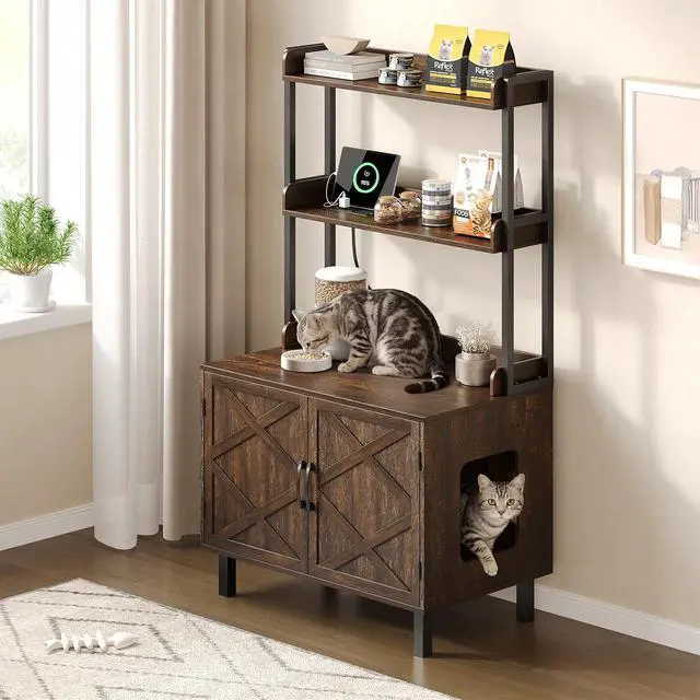 Alt view image 6 of 7 - 55 Inch Cat Litter Box Enclosure with Storge Shelves, Brown