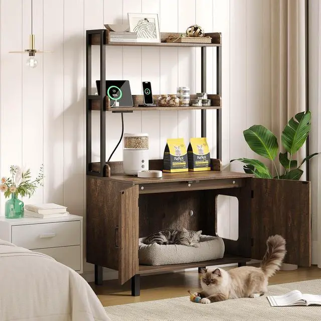 Alt view image 7 of 7 - 55 Inch Cat Litter Box Enclosure with Storge Shelves, Brown