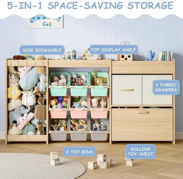 Alt view image 3 of 7 - 5-in-1 Toy Organizer, Plush Holder, 9 Multi-Color Bins, Toy Chest
