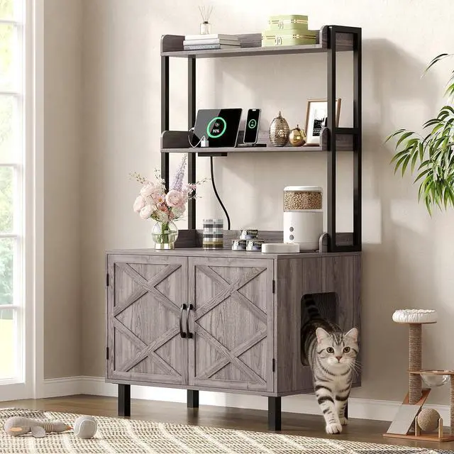 Main image of 55 Inch Cat Litter Box Enclosure with Storge Shelves, Grey