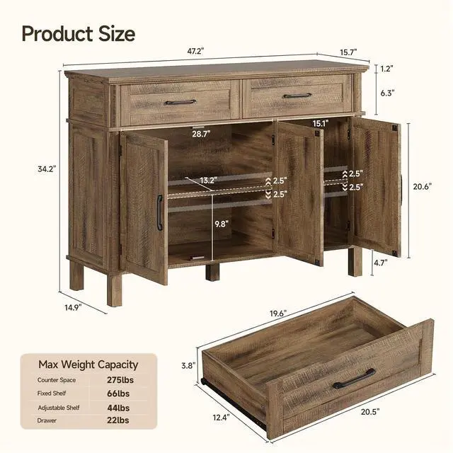 Alt view image 2 of 7 - 48 Inch Sideboard Buffet Cabinet with Storage, Washed Grey
