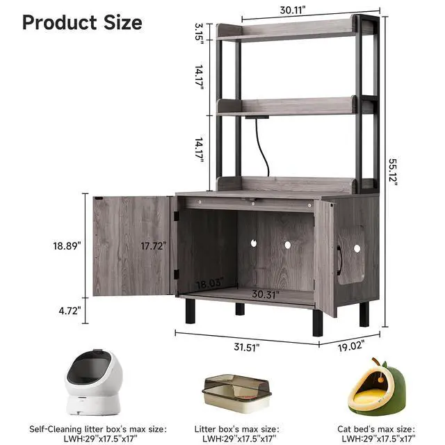 Alt view image 2 of 7 - 55 Inch Cat Litter Box Enclosure with Storge Shelves, Grey