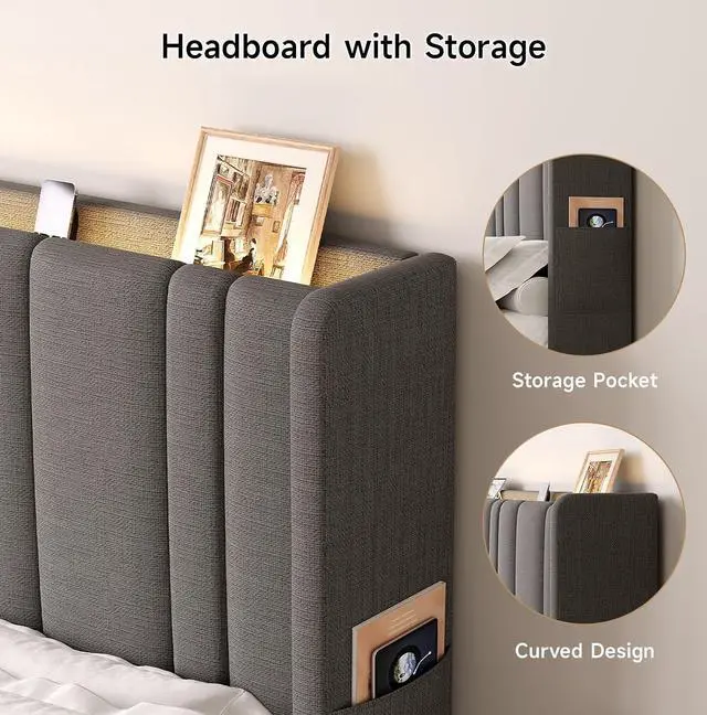 Alt view image 6 of 7 - Queen Headboard with Storage, Linen Vertical Wingback, Dark Grey