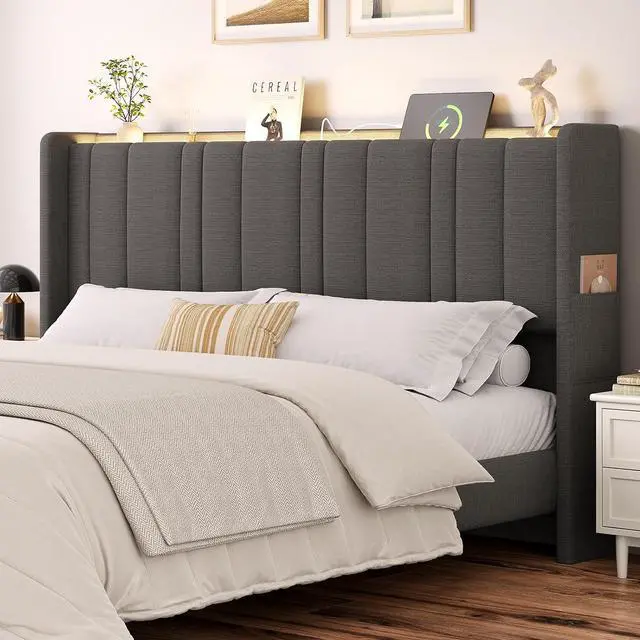 Main image of King Headboard with Storage, Linen Vertical Wingback, Dark Grey
