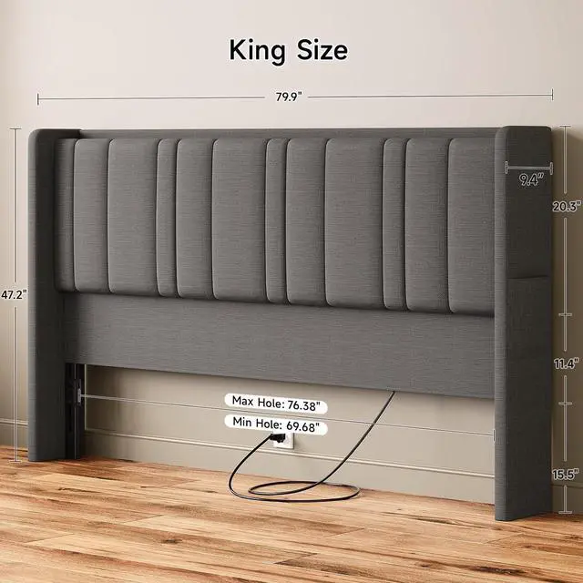 Alt view image 2 of 7 - King Headboard with Storage, Linen Vertical Wingback, Dark Grey