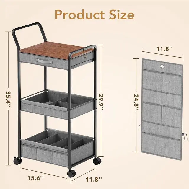 Alt view image 2 of 7 - 3-Tier Diaper Caddy Organizer - Rolling Utility Baby Cart with Drawer and Side Pockets for Nursery and Baby Essentials, Multi-Function Cart for Bedroom and Bathroom