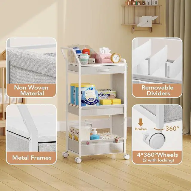 Alt view image 3 of 7 - 3-Tier Diaper Caddy Organizer - Rolling Utility Baby Cart with Drawer and Side Pockets for Nursery and Baby Essentials, Multi-Function Cart for Bedroom and Bathroom