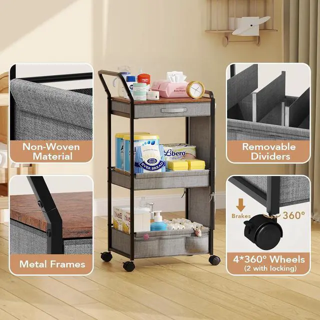 Alt view image 4 of 7 - 3-Tier Diaper Caddy Organizer - Rolling Utility Baby Cart with Drawer and Side Pockets for Nursery and Baby Essentials, Multi-Function Cart for Bedroom and Bathroom