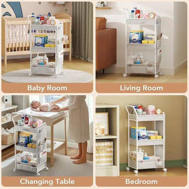 Alt view image 5 of 7 - 3-Tier Diaper Caddy Organizer - Rolling Utility Baby Cart with Drawer and Side Pockets for Nursery and Baby Essentials, Multi-Function Cart for Bedroom and Bathroom