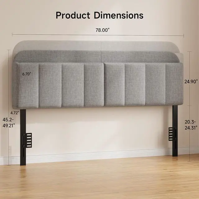 Alt view image 2 of 7 - Headboard for King/California King Size Bed, Upholstered Bed HeadBoard with Storage, Linen Fabric Head Board with Vertical Channel Design, Height Adjustable, Easy to Assemble, Light Grey