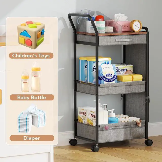 Alt view image 6 of 7 - 3-Tier Diaper Caddy Organizer - Rolling Utility Baby Cart with Drawer and Side Pockets for Nursery and Baby Essentials, Multi-Function Cart for Bedroom and Bathroom
