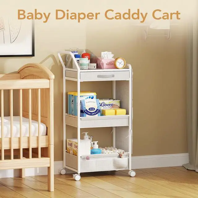 Alt view image 7 of 7 - 3-Tier Diaper Caddy Organizer - Rolling Utility Baby Cart with Drawer and Side Pockets for Nursery and Baby Essentials, Multi-Function Cart for Bedroom and Bathroom