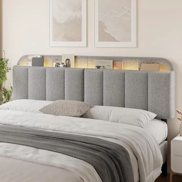 Main image of Headboard for King/California King Size Bed, Upholstered Bed HeadBoard with Storage, Linen Fabric Head Board with Vertical Channel Design, Height Adjustable, Easy to Assemble, Light Grey