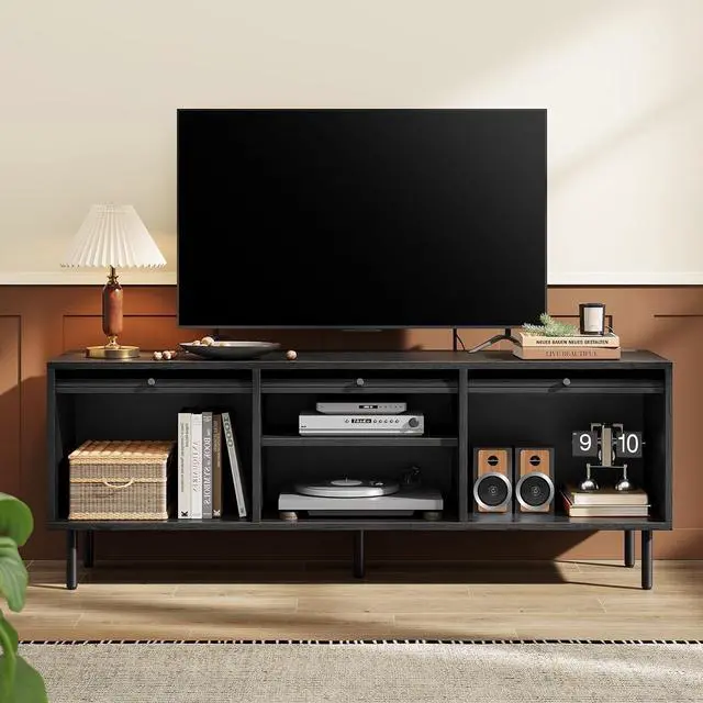 Alt view image 3 of 7 - 59 Inch TV Stand with Power Outlet for TVs up to 65 Inch, Entertainment Center with Storage, Mid-Century Modern TV Console, Adjustable Shelf & Sliding Doors, TV Stand for Living Room, Bedroom, Black