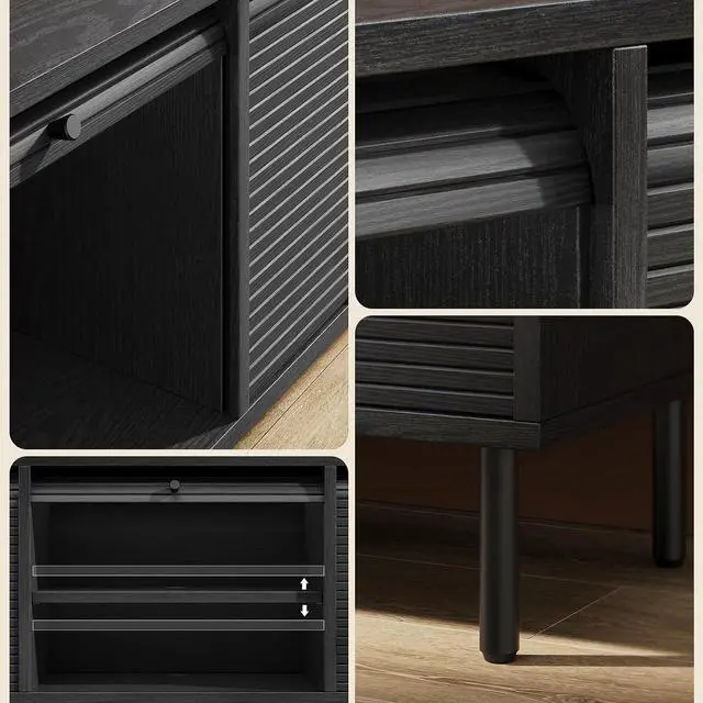 Alt view image 5 of 7 - 59 Inch TV Stand with Power Outlet for TVs up to 65 Inch, Entertainment Center with Storage, Mid-Century Modern TV Console, Adjustable Shelf & Sliding Doors, TV Stand for Living Room, Bedroom, Black