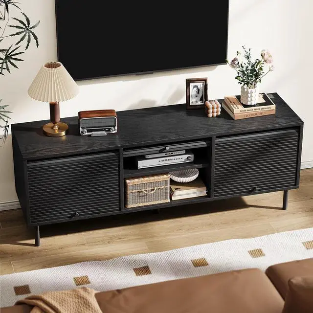 Alt view image 6 of 7 - 59 Inch TV Stand with Power Outlet for TVs up to 65 Inch, Entertainment Center with Storage, Mid-Century Modern TV Console, Adjustable Shelf & Sliding Doors, TV Stand for Living Room, Bedroom, Black