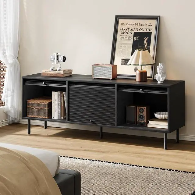 Alt view image 7 of 7 - 59 Inch TV Stand with Power Outlet for TVs up to 65 Inch, Entertainment Center with Storage, Mid-Century Modern TV Console, Adjustable Shelf & Sliding Doors, TV Stand for Living Room, Bedroom, Black