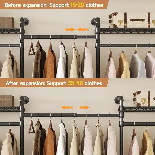 Alt view image 5 of 7 - 3-Bay Industrial Pipe Closet System, Wall Mounted Garment Racks, Black