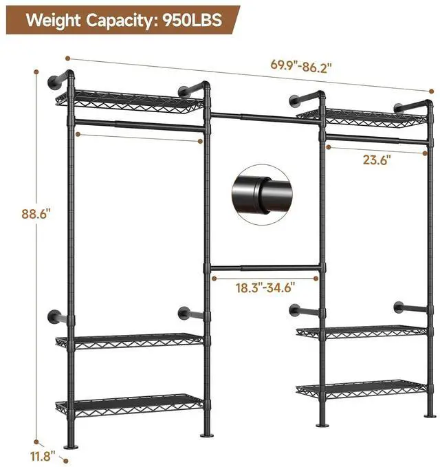 Alt view image 6 of 7 - 3-Bay Industrial Pipe Closet System, Wall Mounted Garment Racks, Black