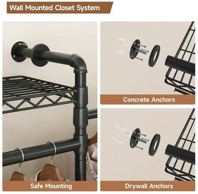 Alt view image 7 of 7 - 3-Bay Industrial Pipe Closet System, Wall Mounted Garment Racks, Black