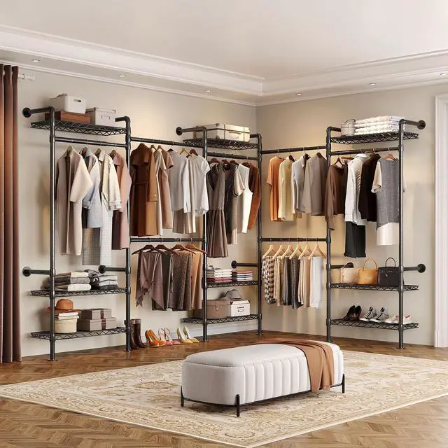 Alt view image 2 of 7 - 5-Bay Wall-Mounted Closet System, Expandable Industrial Pipe Clothing Racks