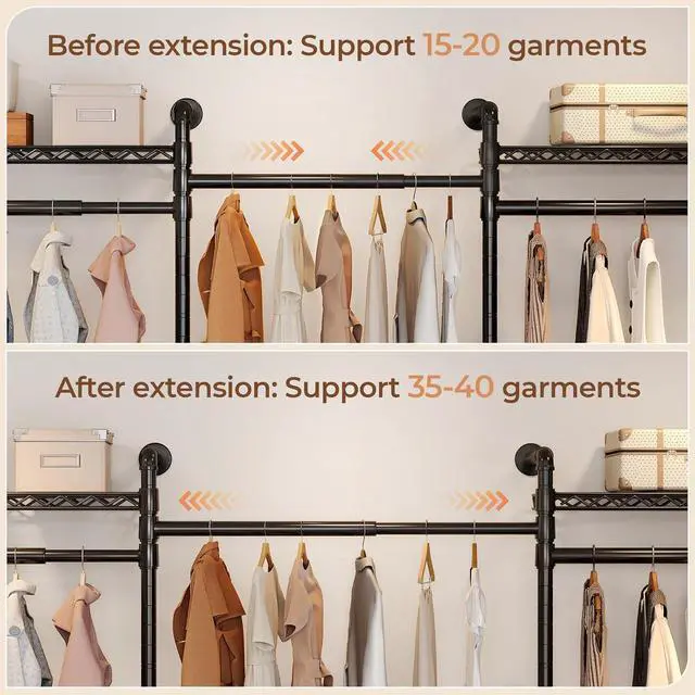 Alt view image 4 of 7 - 5-Bay Wall-Mounted Closet System, Expandable Industrial Pipe Clothing Racks