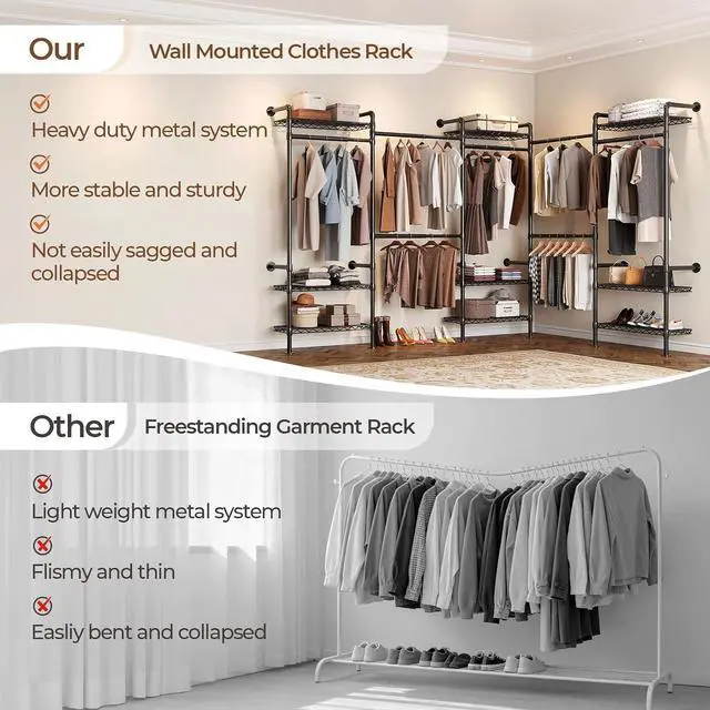 Alt view image 5 of 7 - 5-Bay Wall-Mounted Closet System, Expandable Industrial Pipe Clothing Racks