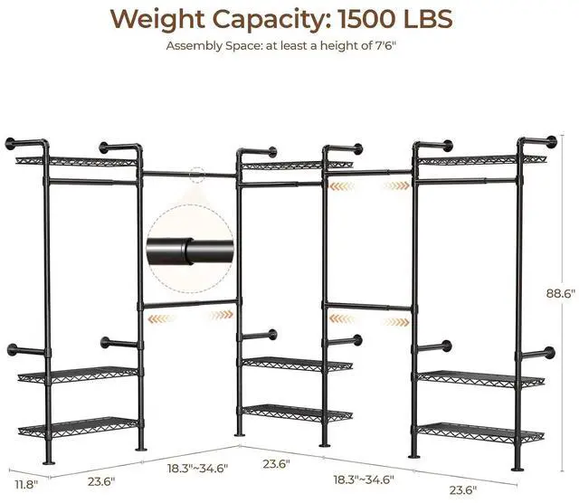 Alt view image 6 of 7 - 5-Bay Wall-Mounted Closet System, Expandable Industrial Pipe Clothing Racks