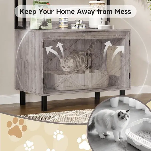 Alt view image 4 of 7 - 55 Inch Cat Litter Box Enclosure with Storge Shelves, Grey