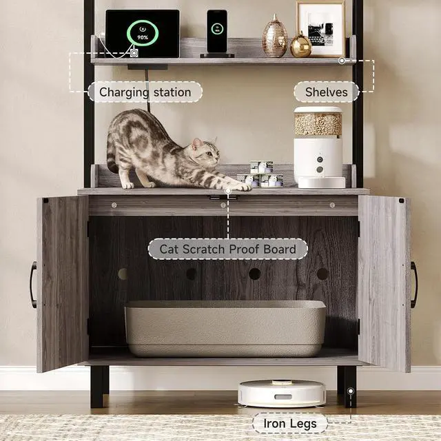 Alt view image 5 of 7 - 55 Inch Cat Litter Box Enclosure with Storge Shelves, Grey