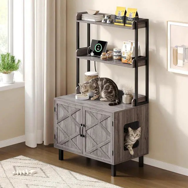 Alt view image 6 of 7 - 55 Inch Cat Litter Box Enclosure with Storge Shelves, Grey