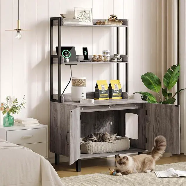 Alt view image 7 of 7 - 55 Inch Cat Litter Box Enclosure with Storge Shelves, Grey