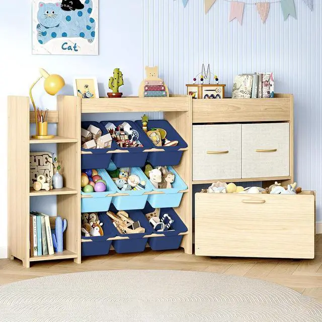 Main image of 5-in-1 Toy Storage Organizer, 3-Tier Bookshelf, 9 Blue Bins