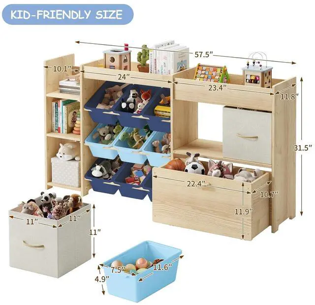 Alt view image 2 of 7 - 5-in-1 Toy Storage Organizer, 3-Tier Bookshelf, 9 Blue Bins