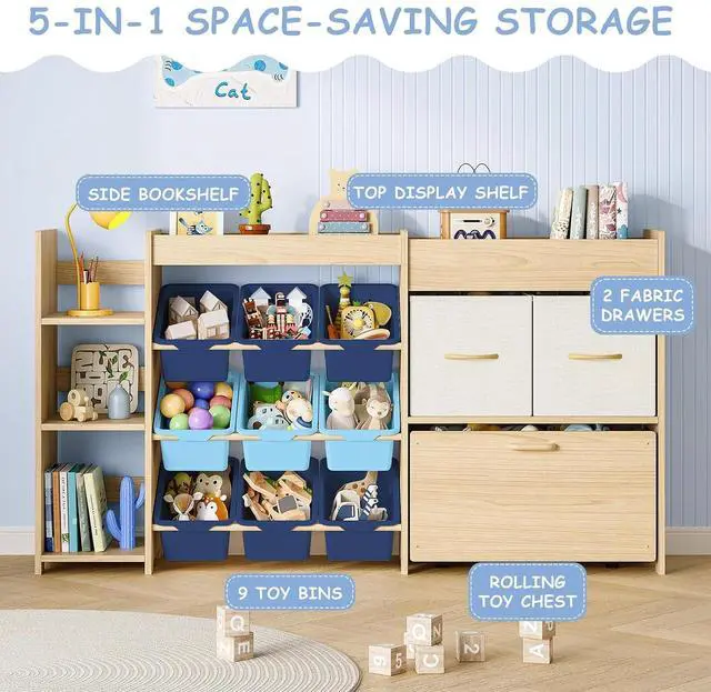 Alt view image 3 of 7 - 5-in-1 Toy Storage Organizer, 3-Tier Bookshelf, 9 Blue Bins
