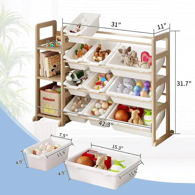 Alt view image 2 of 7 - Toy Storage Organizer - Toy Organizers and Storage with Bookshelf, Toy Storage Shelf with 3 Shelves and 12 Storage Bins, Kids Bookshelf and Toy Storage for Kids Room, Playroom, Bedroom, Nursery, White