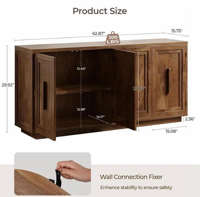 Alt view image 2 of 7 - 63" Sideboard Buffet Cabinet, Credenza Storage Cabinet with Doors