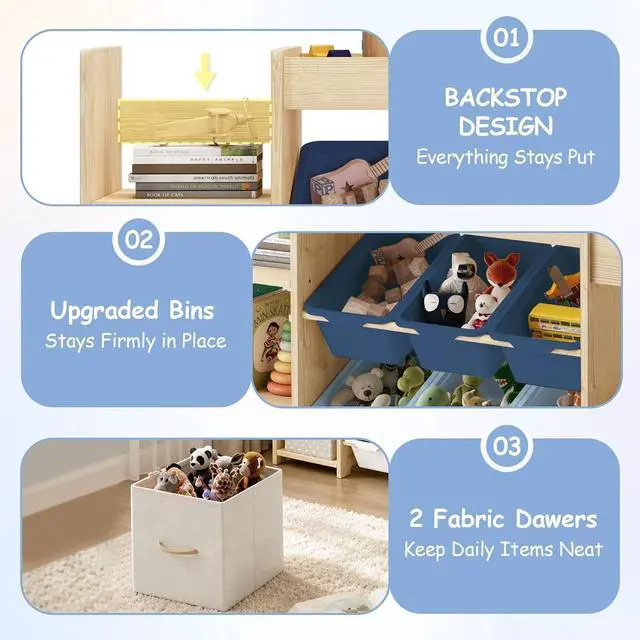 Alt view image 5 of 7 - 5-in-1 Toy Storage Organizer, 3-Tier Bookshelf, 9 Blue Bins