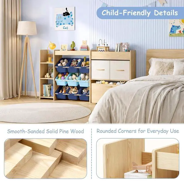 Alt view image 6 of 7 - 5-in-1 Toy Storage Organizer, 3-Tier Bookshelf, 9 Blue Bins