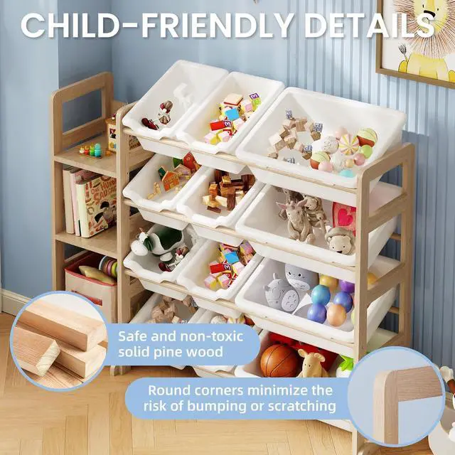 Alt view image 5 of 7 - Toy Storage Organizer - Toy Organizers and Storage with Bookshelf, Toy Storage Shelf with 3 Shelves and 12 Storage Bins, Kids Bookshelf and Toy Storage for Kids Room, Playroom, Bedroom, Nursery, White
