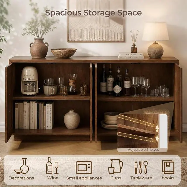 Alt view image 4 of 7 - 63" Sideboard Buffet Cabinet, Credenza Storage Cabinet with Doors