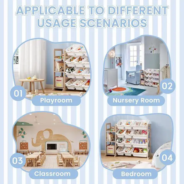 Alt view image 6 of 7 - Toy Storage Organizer - Toy Organizers and Storage with Bookshelf, Toy Storage Shelf with 3 Shelves and 12 Storage Bins, Kids Bookshelf and Toy Storage for Kids Room, Playroom, Bedroom, Nursery, White
