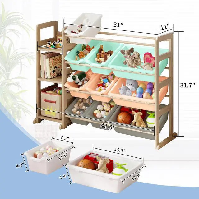 Alt view image 2 of 7 - Toy Storage Organizer - Toy Organizers and Storage with Bookshelf, Toy Storage Shelf with 3 Shelves and 12 Storage Bins, Kids Bookshelf and Toy Storage for Kids Room, Playroom, Nursery, Multi color