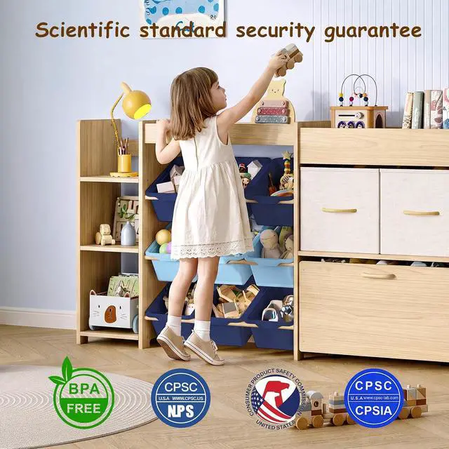 Alt view image 7 of 7 - 5-in-1 Toy Storage Organizer, 3-Tier Bookshelf, 9 Blue Bins