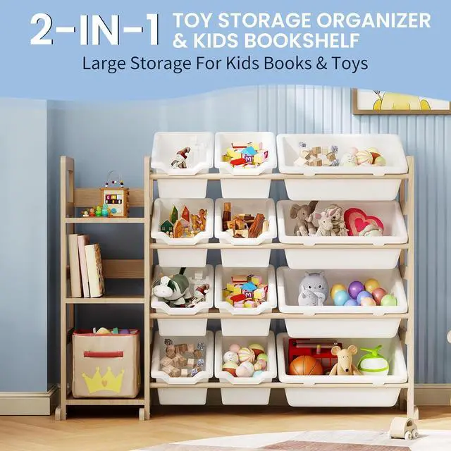 Alt view image 7 of 7 - Toy Storage Organizer - Toy Organizers and Storage with Bookshelf, Toy Storage Shelf with 3 Shelves and 12 Storage Bins, Kids Bookshelf and Toy Storage for Kids Room, Playroom, Bedroom, Nursery, White